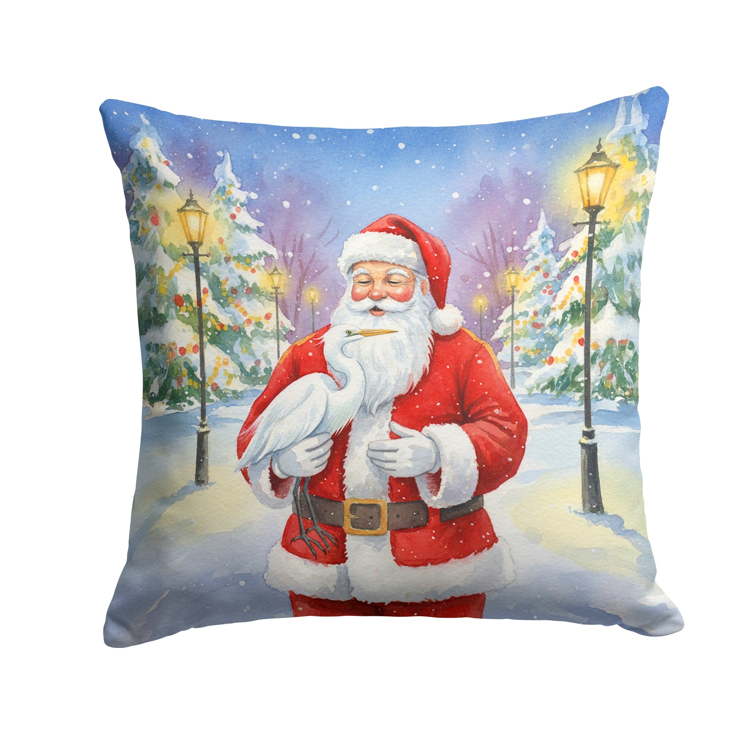 Egret with Santa Claus Decorative Throw Pillow 18x18 Indoor Outdoor Accent Cushion, Fabric Cover with Insert for Sofa, Bed, Porch & Living Room