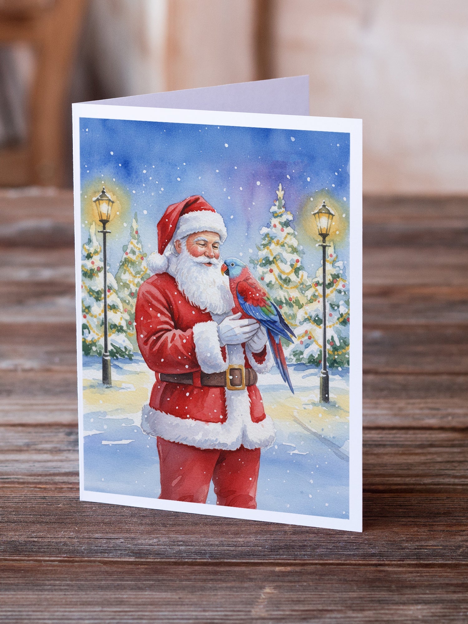 Female Eclectus with Santa Claus Greeting Cards Pack of 8 Blank Cards with Envelopes Whimsical A7 Size 5x7