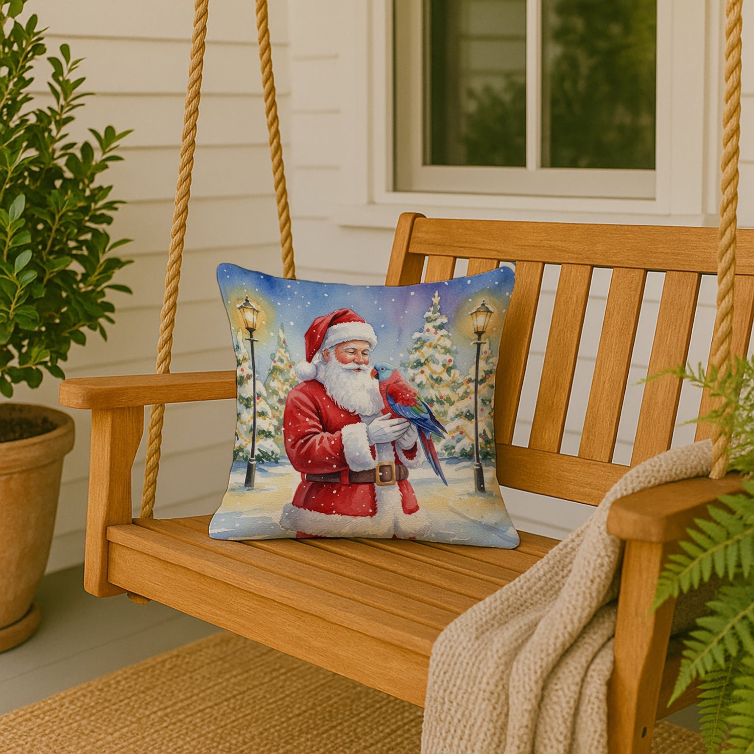 Female Eclectus with Santa Claus Decorative Throw Pillow 18x18 Indoor Outdoor Accent Cushion, Fabric Cover with Insert for Sofa, Bed, Porch & Living Room