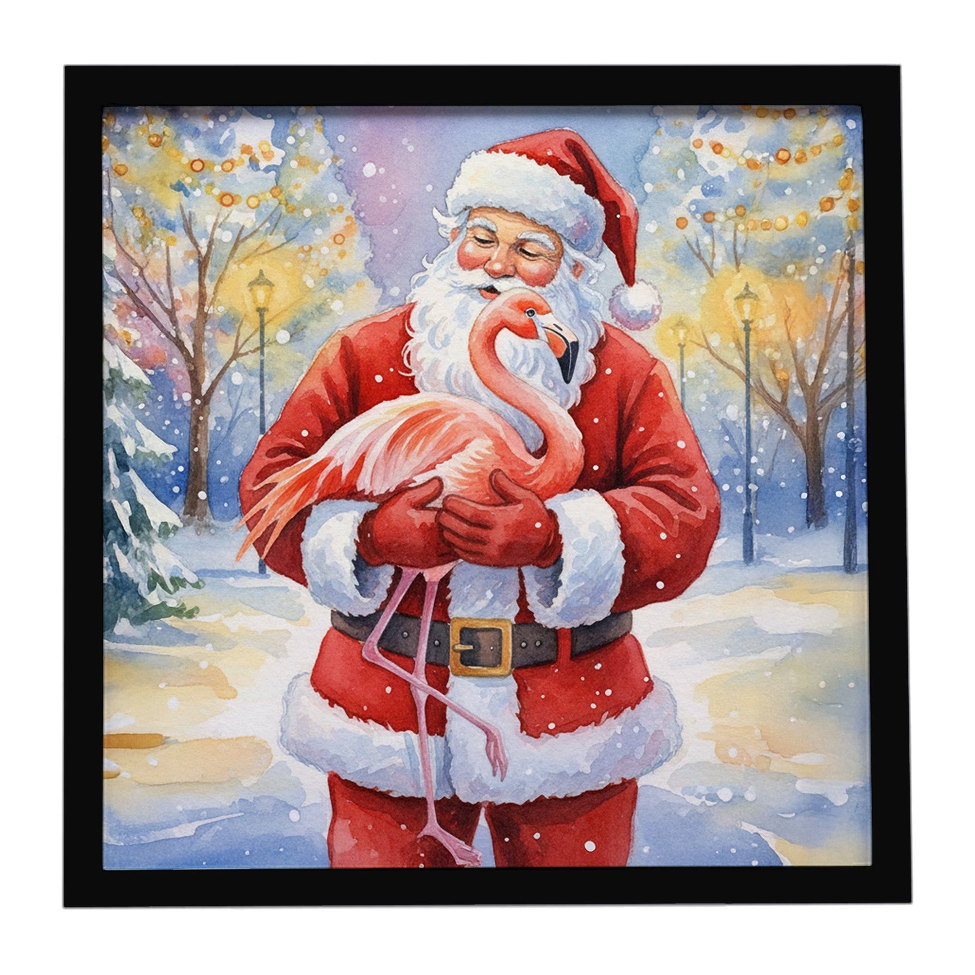 Flamingo with Santa Claus Framed Metal Print Bathroom, Kitchen, Office, Home Decor Wall Art Ready to Hang, Square, 8X8