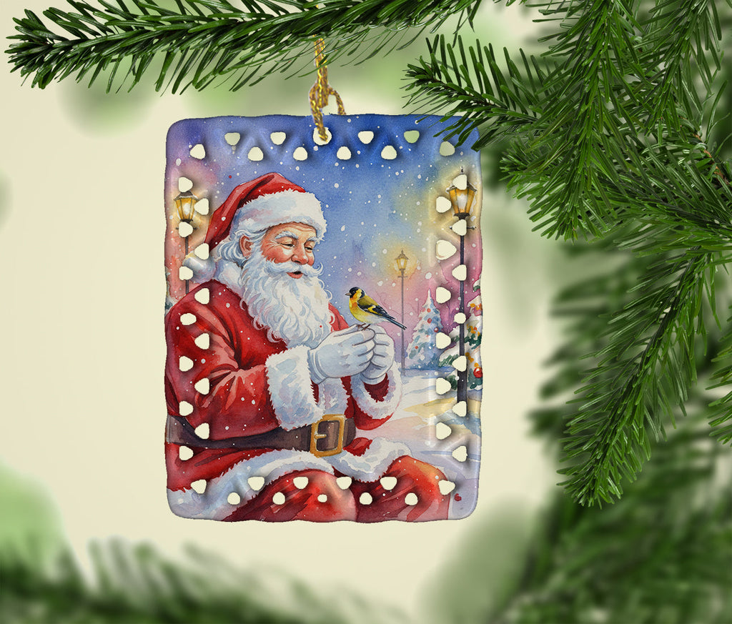 Goldfinch with Santa Claus Porcelain Ornament Christmas Tree Hanging Decorations for Home Christmas Holiday, Rectangle, Gift, Multicolor