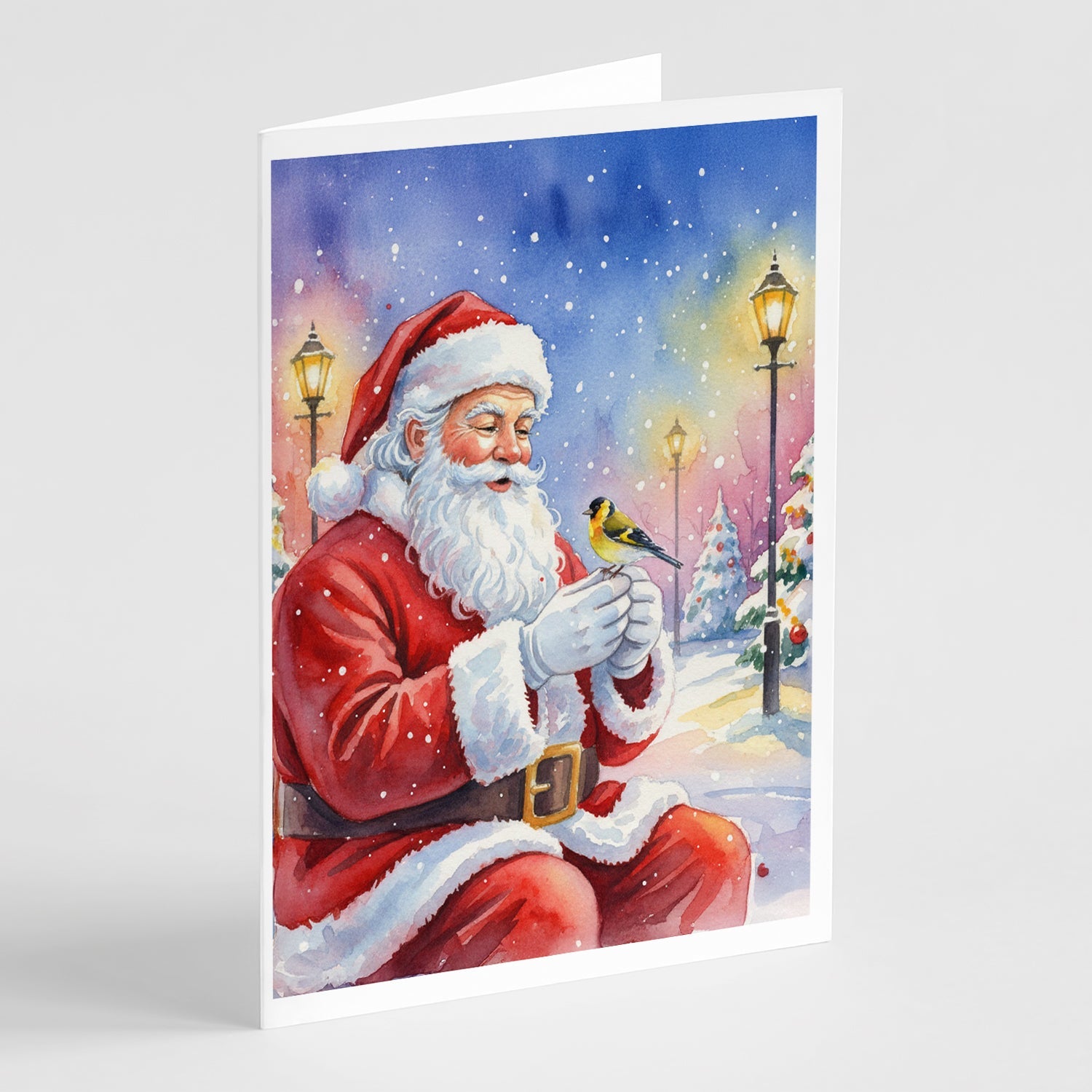 Goldfinch with Santa Claus Greeting Cards Pack of 8 Blank Cards with Envelopes Whimsical A7 Size 5x7