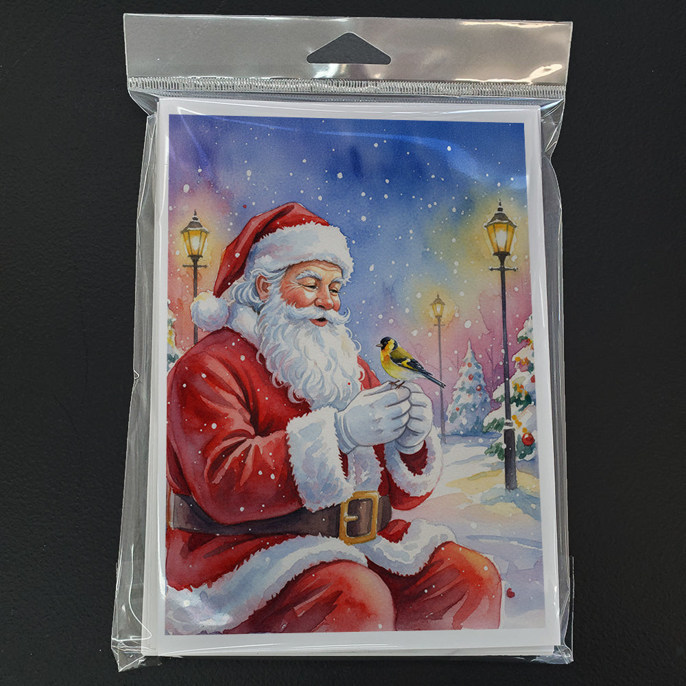 Goldfinch with Santa Claus Greeting Cards Pack of 8 Blank Cards with Envelopes Whimsical A7 Size 5x7