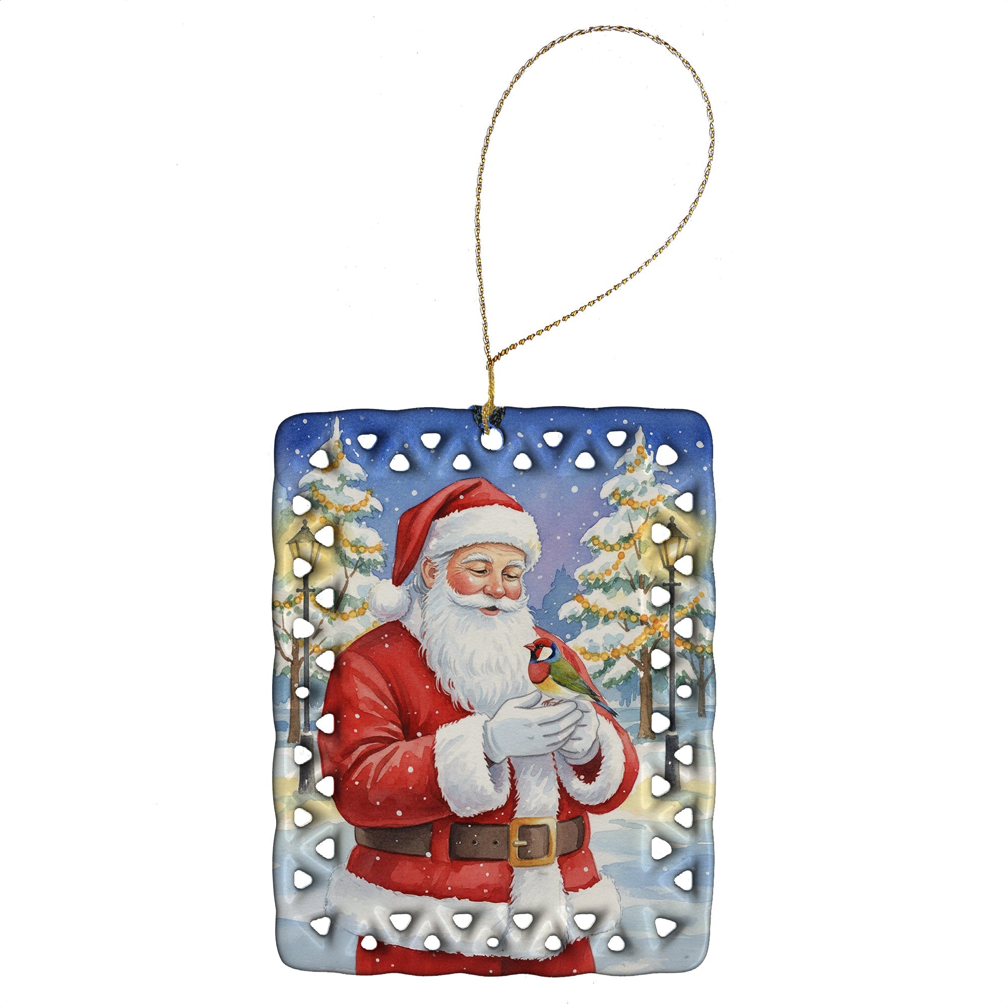 Gouldian Finch with Santa Claus Porcelain Ornament Christmas Tree Hanging Decorations for Home Christmas Holiday, Rectangle, Gift, Multicolor