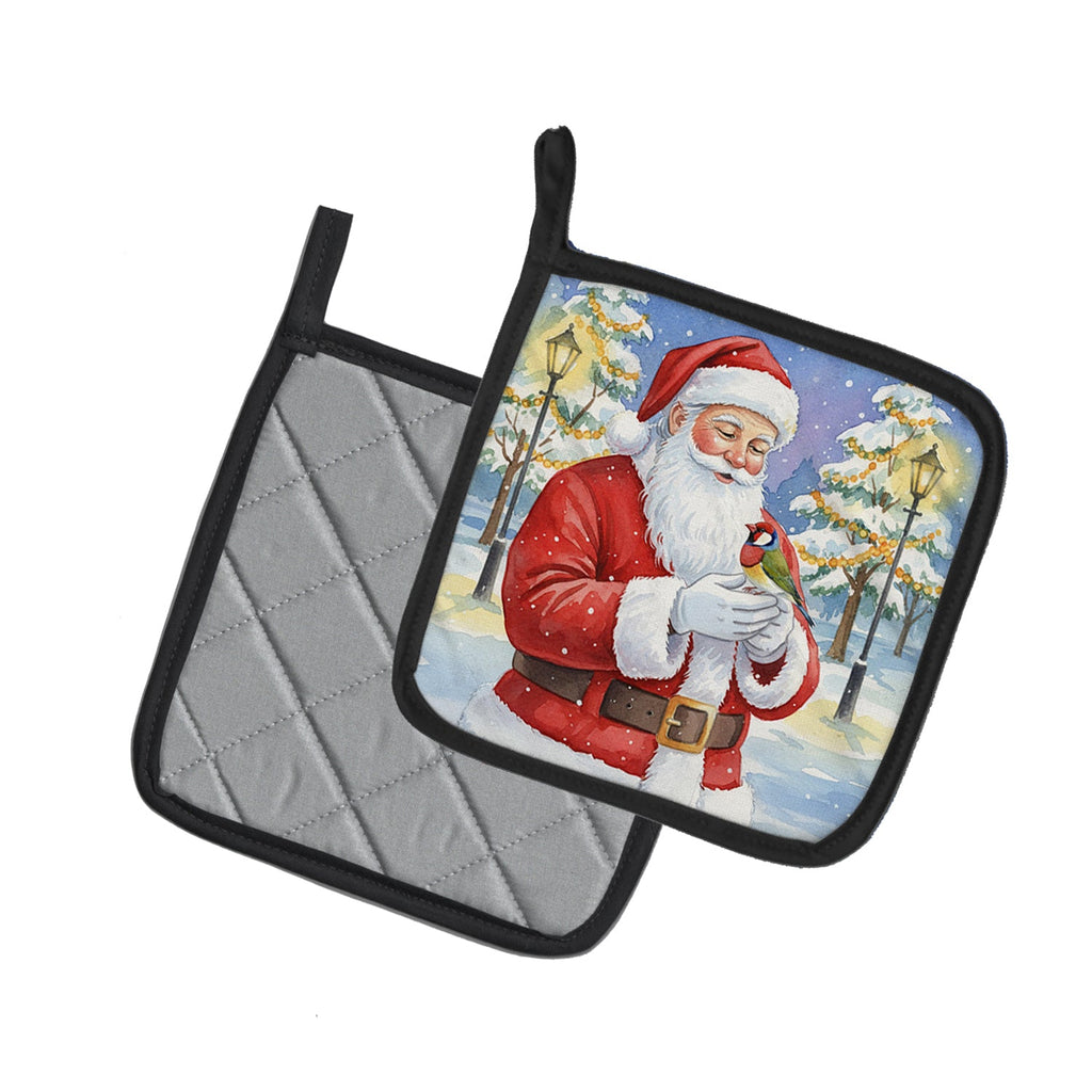 Gouldian Finch with Santa Claus Pot Holder Set of 2 Heat Resistant Quilted Hot Pads 7.5 x 7.5 Inch, Insulated Kitchen Trivets for Cooking & Baking