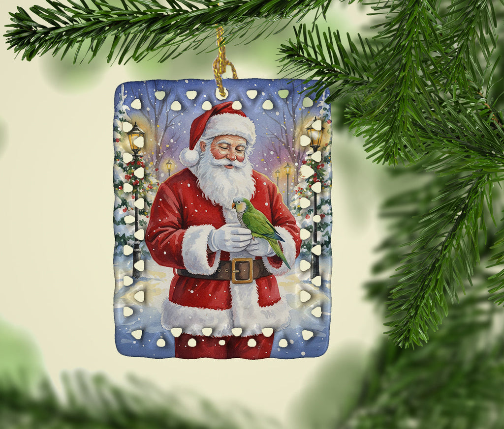 Green Quaker Parrot with Santa Claus Porcelain Ornament Christmas Tree Hanging Decorations for Home Christmas Holiday, Rectangle, Gift, Multicolor