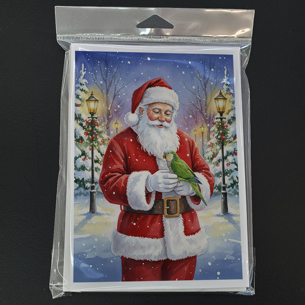 Green Quaker Parrot with Santa Claus Greeting Cards Pack of 8 Blank Cards with Envelopes Whimsical A7 Size 5x7