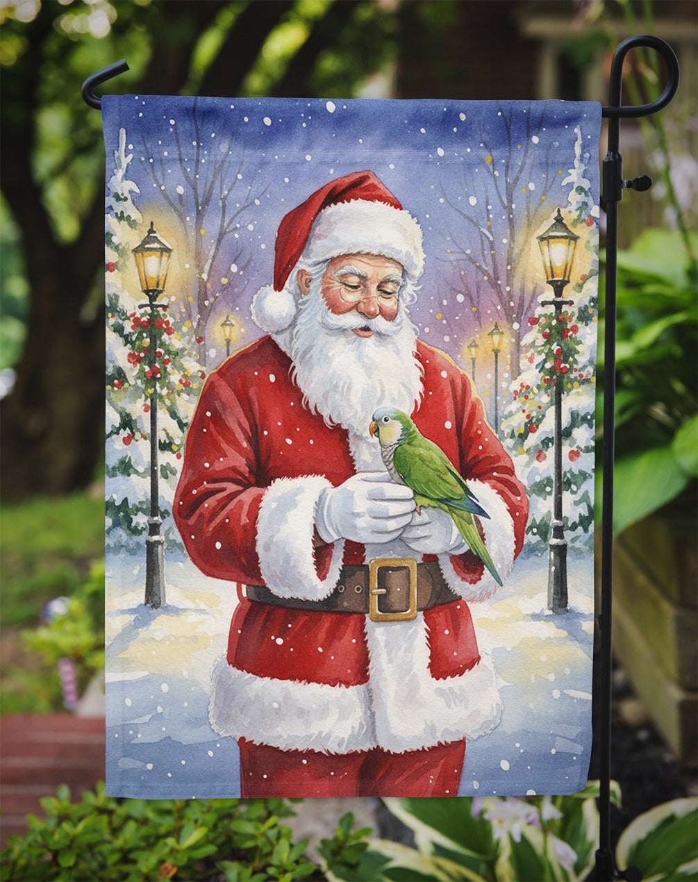 Green Quaker Parrot with Santa Claus Garden Flag Mailbox Decorative Yard Banner Outside Patio Artwork for Flower Beds, Garden Size, Multicolor