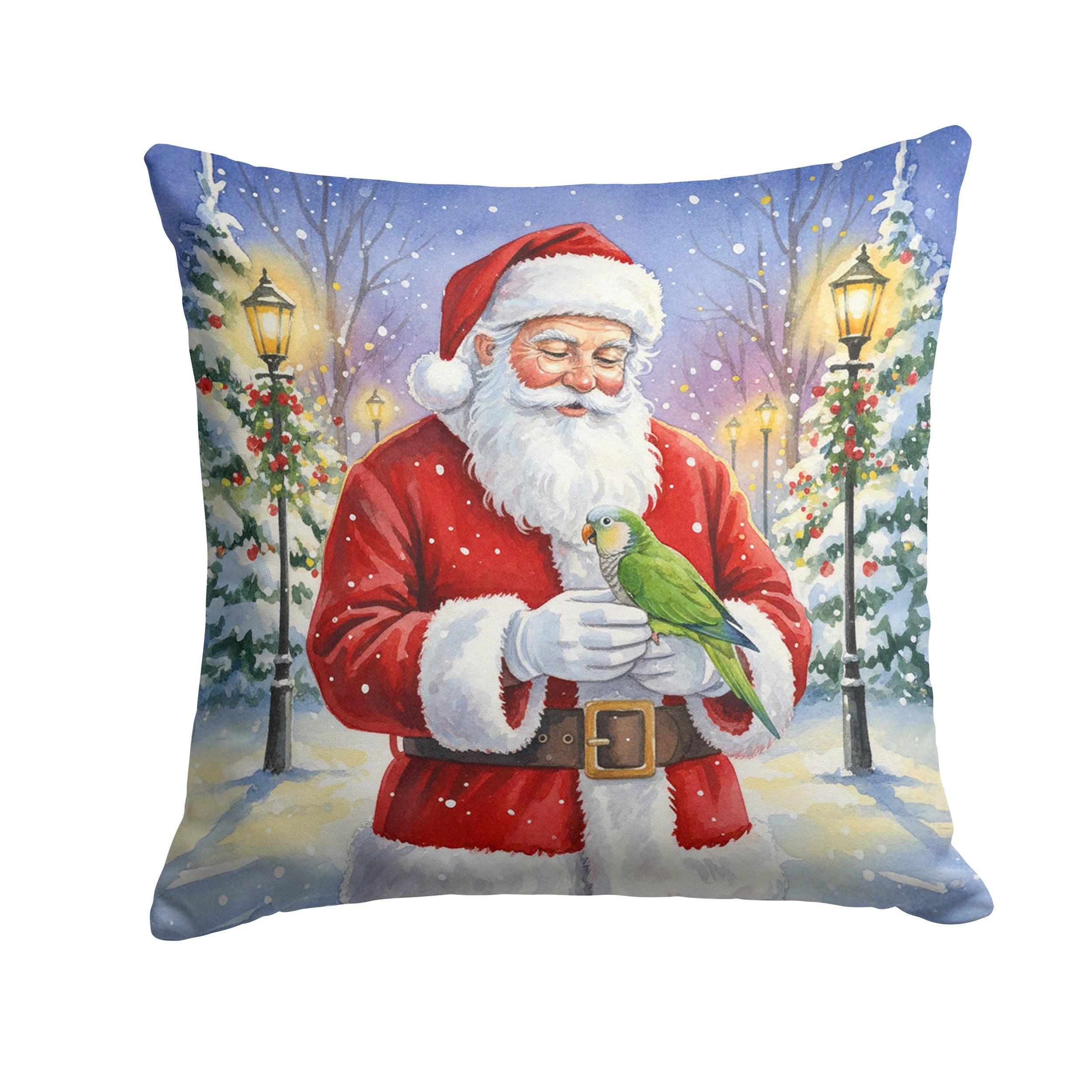 Green Quaker Parrot with Santa Claus Decorative Throw Pillow 18x18 Indoor Outdoor Accent Cushion, Fabric Cover with Insert for Sofa, Bed, Porch & Living Room