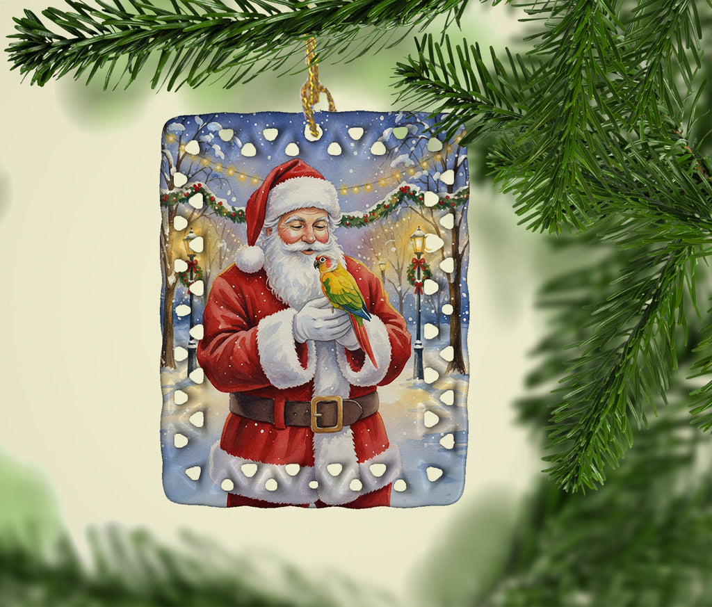 Green Cheeked Conure Parrot with Santa Claus Porcelain Ornament Christmas Tree Hanging Decorations for Home Christmas Holiday, Rectangle, Gift, Multicolor