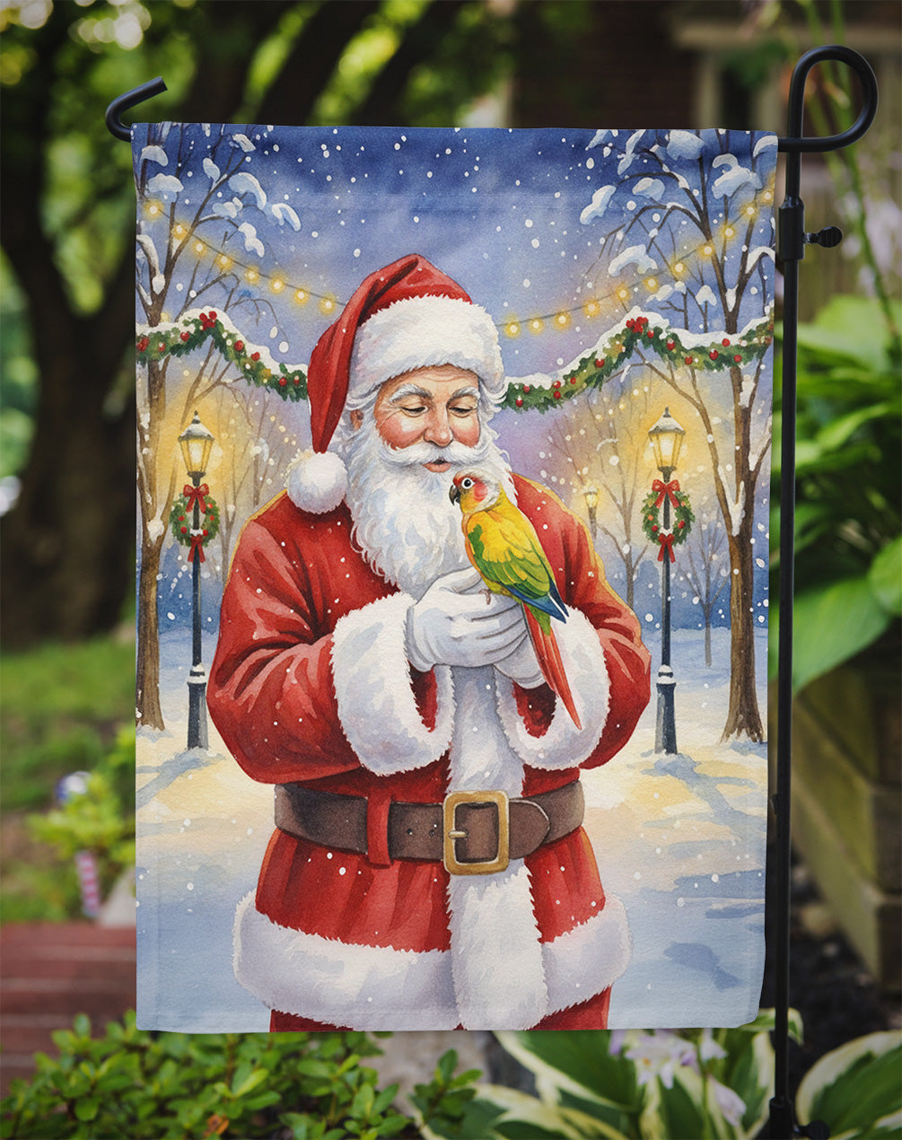 Green Cheeked Conure Parrot with Santa Claus Garden Flag Mailbox Decorative Yard Banner Outside Patio Artwork for Flower Beds, Garden Size, Multicolor