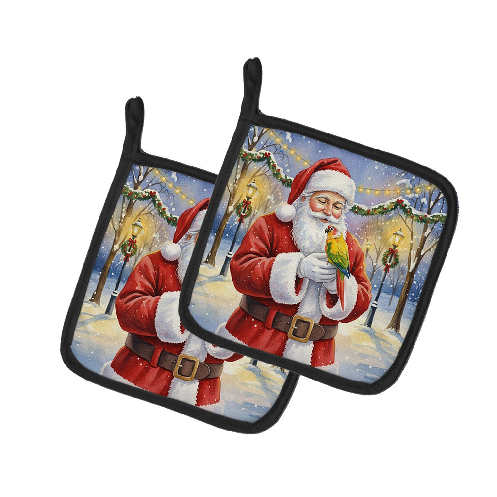 Green Cheeked Conure Parrot with Santa Claus Pot Holder Set of 2 Heat Resistant Quilted Hot Pads 7.5 x 7.5 Inch, Insulated Kitchen Trivets for Cooking & Baking