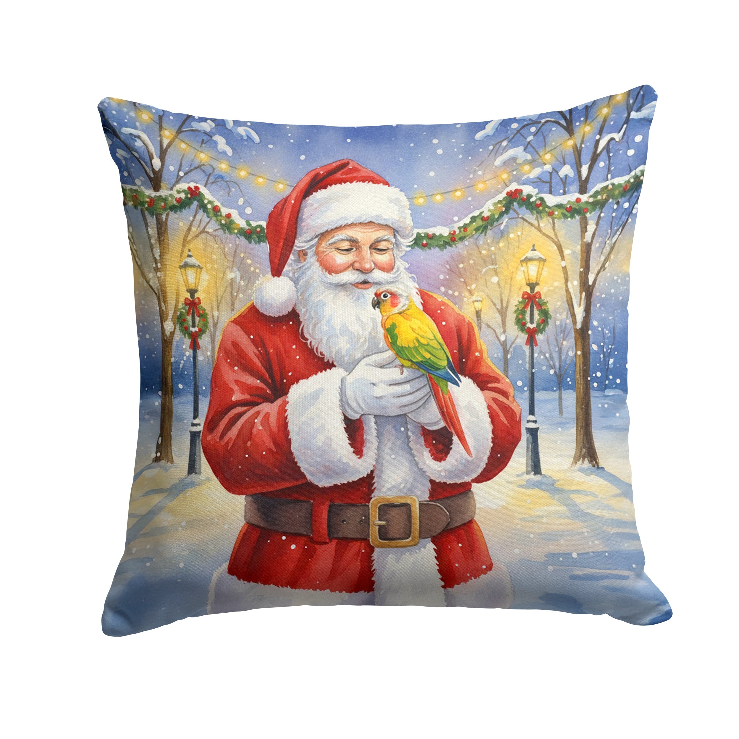 Green Cheeked Conure Parrot with Santa Claus Decorative Throw Pillow 14x14 Indoor Outdoor Accent Cushion, Fabric Cover with Insert for Sofa, Bed, Porch & Living Room