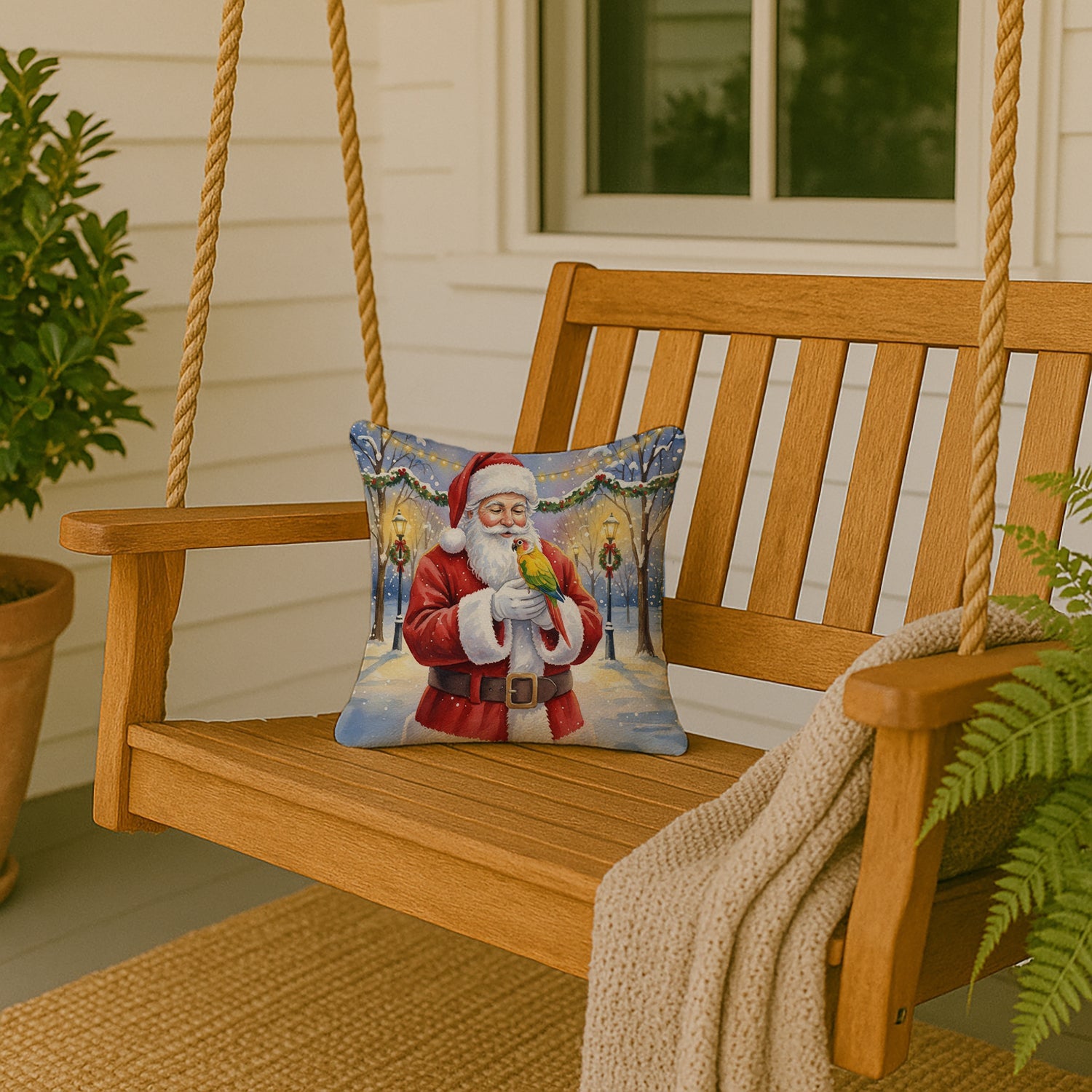 Green Cheeked Conure Parrot with Santa Claus Decorative Throw Pillow 14x14 Indoor Outdoor Accent Cushion, Fabric Cover with Insert for Sofa, Bed, Porch & Living Room