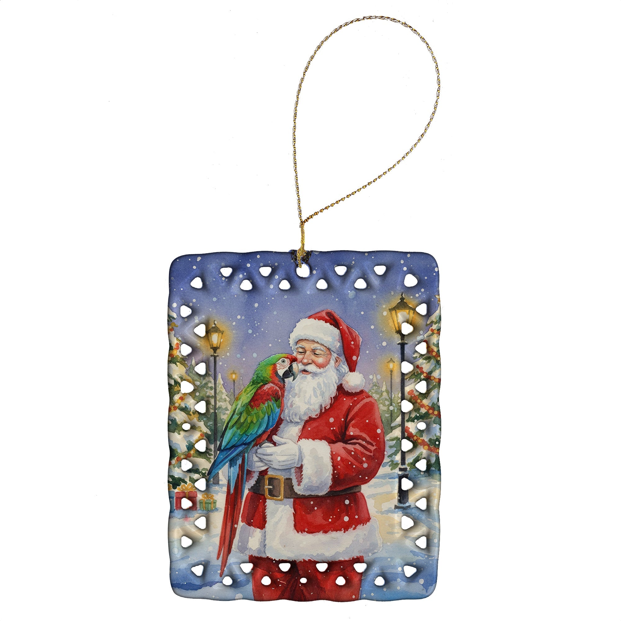 Green Winged Macaw Parrot with Santa Claus Porcelain Ornament Christmas Tree Hanging Decorations for Home Christmas Holiday, Rectangle, Gift, Multicolor