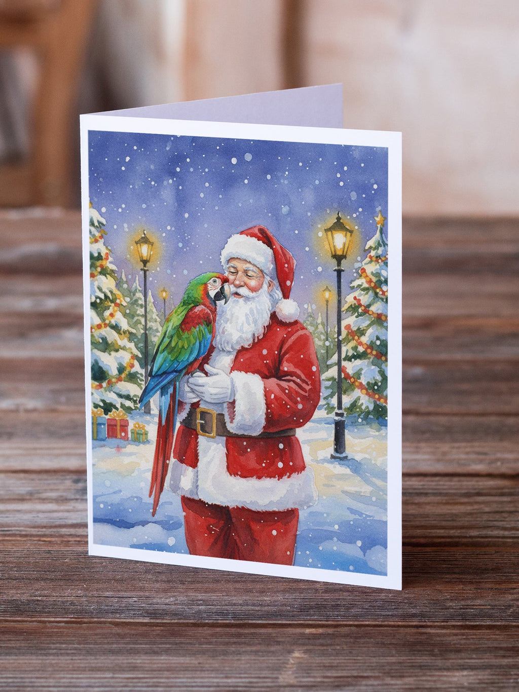 Green Winged Macaw Parrot with Santa Claus Greeting Cards Pack of 8 Blank Cards with Envelopes Whimsical A7 Size 5x7