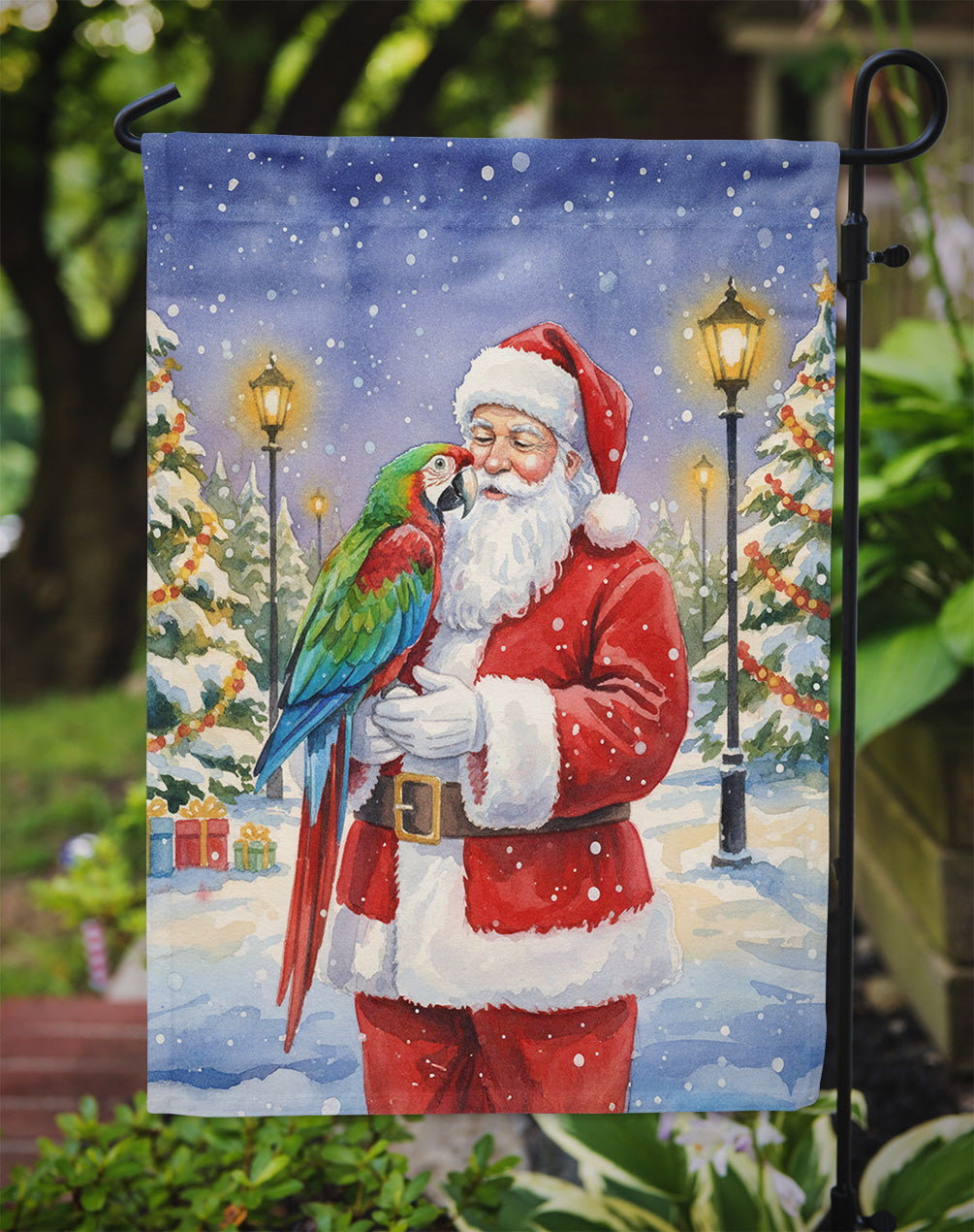 Green Winged Macaw Parrot with Santa Claus Garden Flag Mailbox Decorative Yard Banner Outside Patio Artwork for Flower Beds, Garden Size, Multicolor