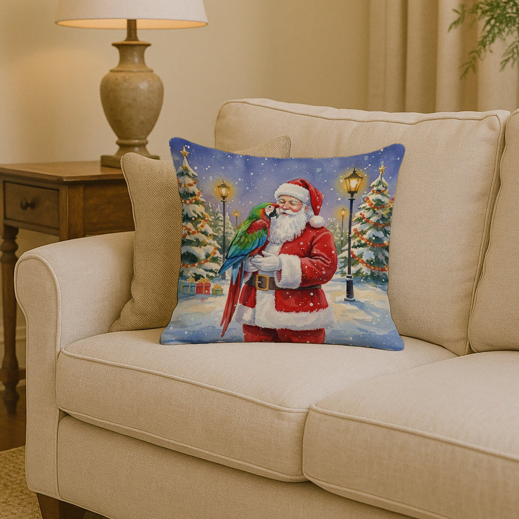 Green Winged Macaw Parrot with Santa Claus Decorative Throw Pillow 14x14 Indoor Outdoor Accent Cushion, Fabric Cover with Insert for Sofa, Bed, Porch & Living Room