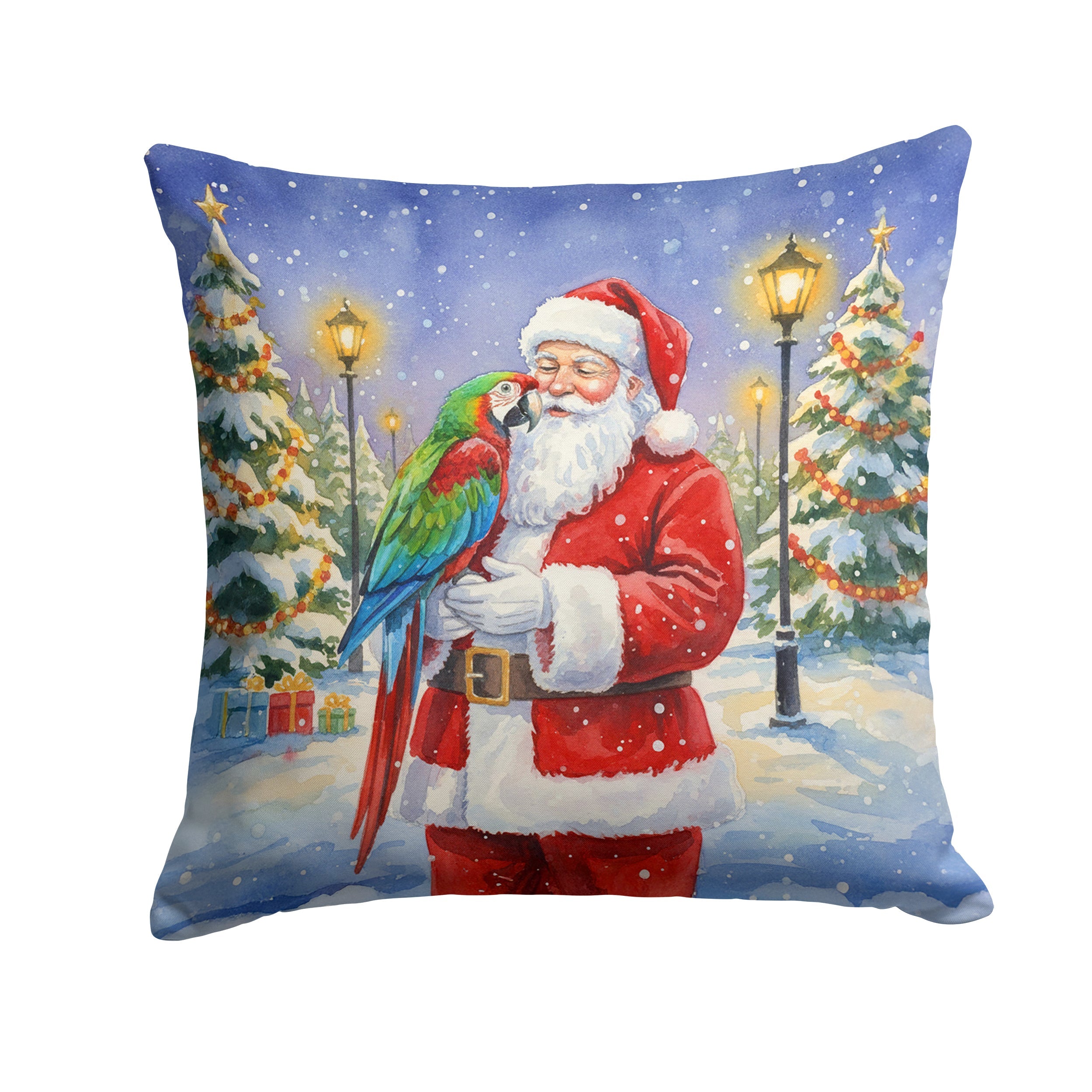 Green Winged Macaw Parrot with Santa Claus Decorative Throw Pillow 18x18 Indoor Outdoor Accent Cushion, Fabric Cover with Insert for Sofa, Bed, Porch & Living Room