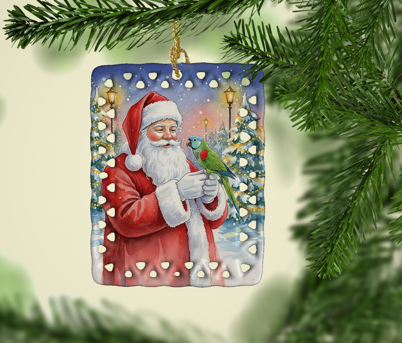Hahn’s Macaw Parrot with Santa Claus Porcelain Ornament Christmas Tree Hanging Decorations for Home Christmas Holiday, Rectangle, Gift, Multicolor