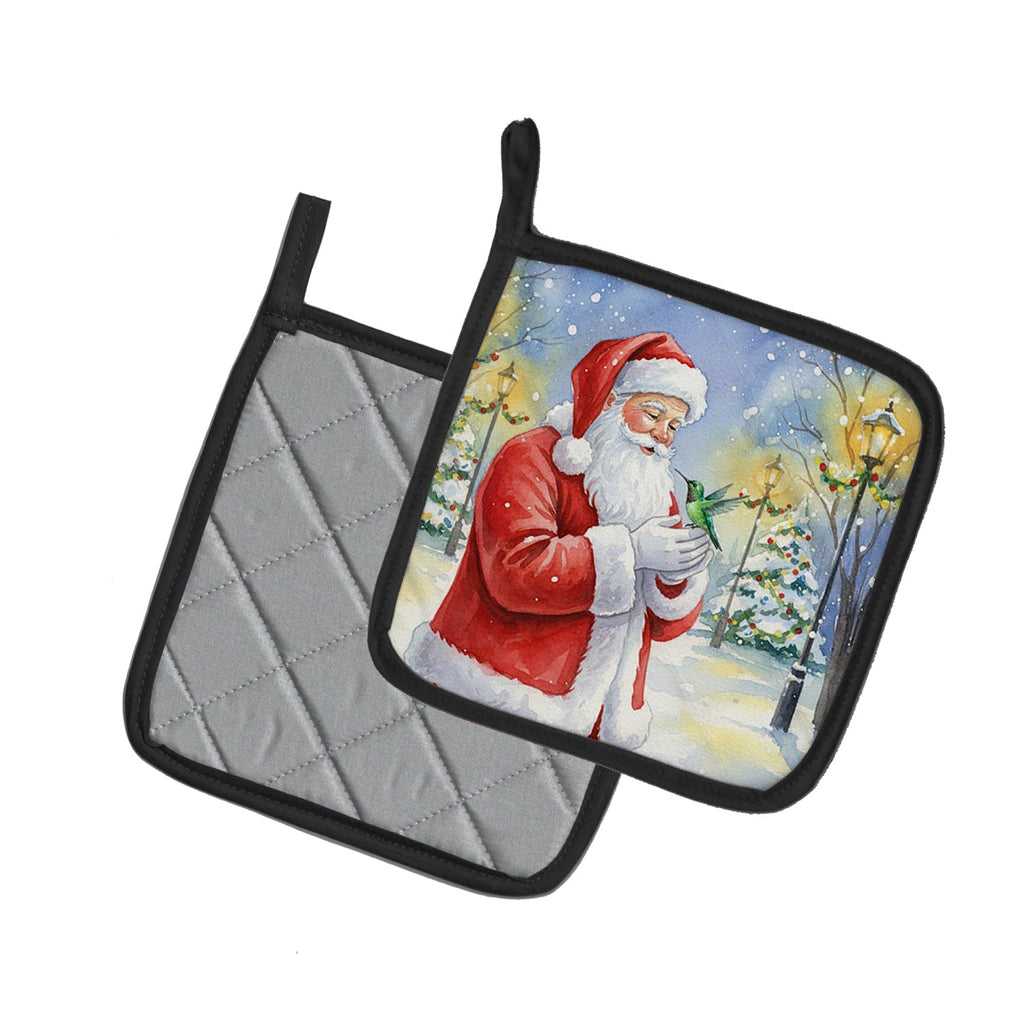 Hummingbird with Santa Claus Pot Holder Set of 2 Heat Resistant Quilted Hot Pads 7.5 x 7.5 Inch, Insulated Kitchen Trivets for Cooking & Baking