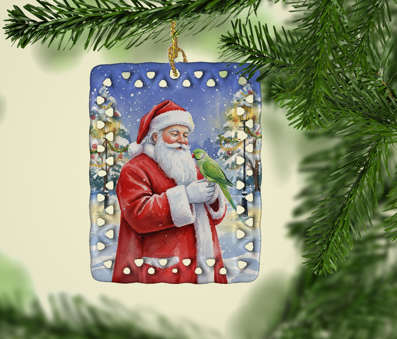 Indian Parakeet with Santa Claus Porcelain Ornament Christmas Tree Hanging Decorations for Home Christmas Holiday, Rectangle, Gift, Multicolor