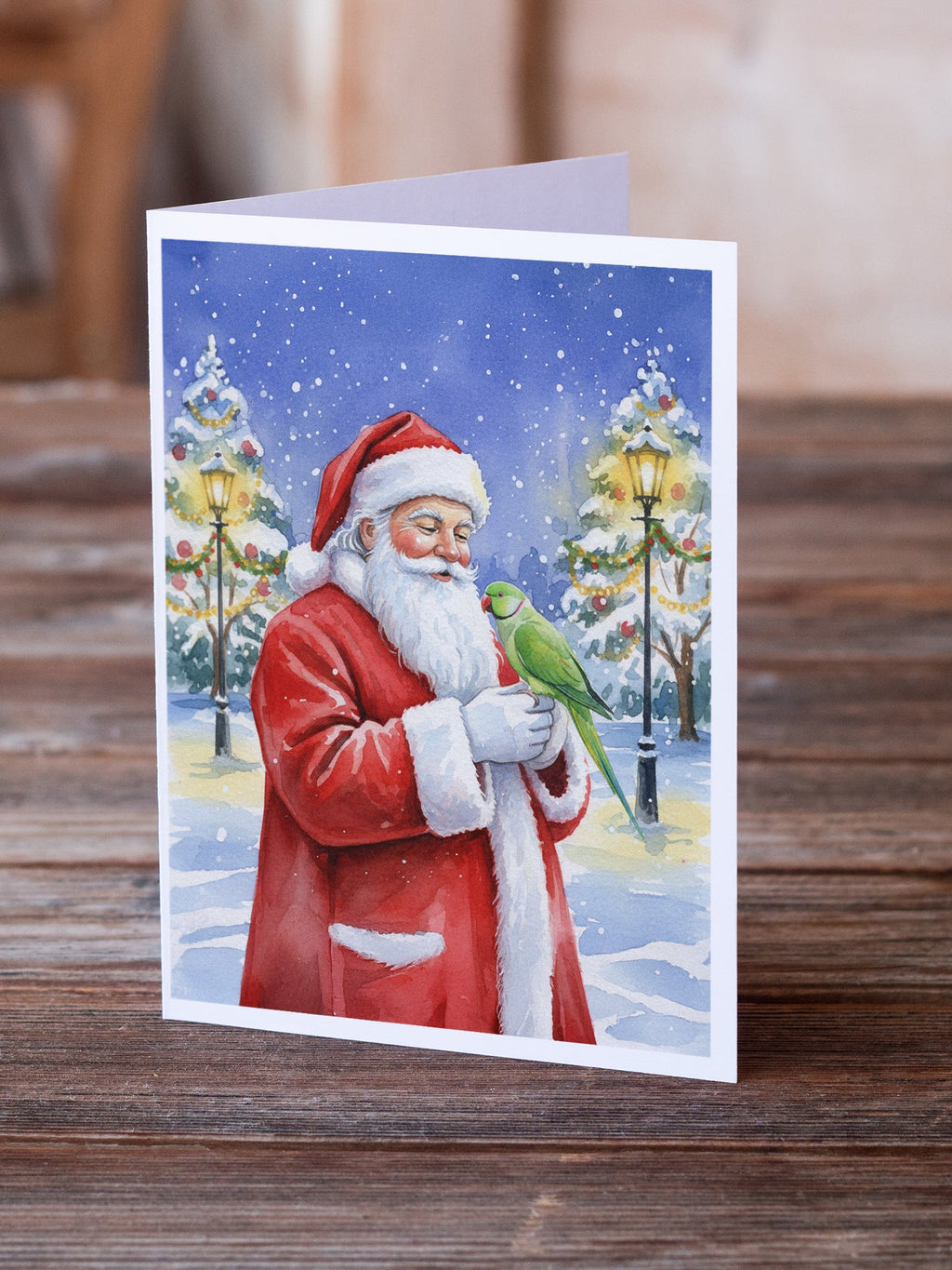 Indian Parakeet with Santa Claus Greeting Cards Pack of 8 Blank Cards with Envelopes Whimsical A7 Size 5x7