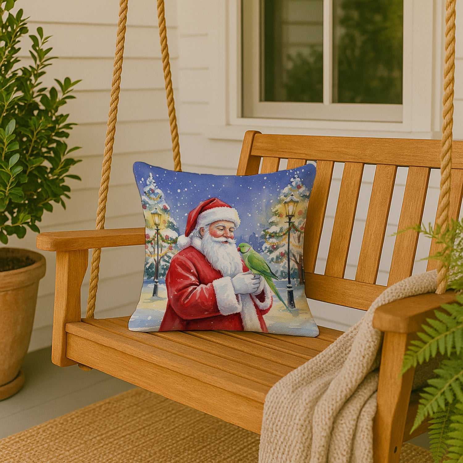 Indian Parakeet with Santa Claus Decorative Throw Pillow 18x18 Indoor Outdoor Accent Cushion, Fabric Cover with Insert for Sofa, Bed, Porch & Living Room