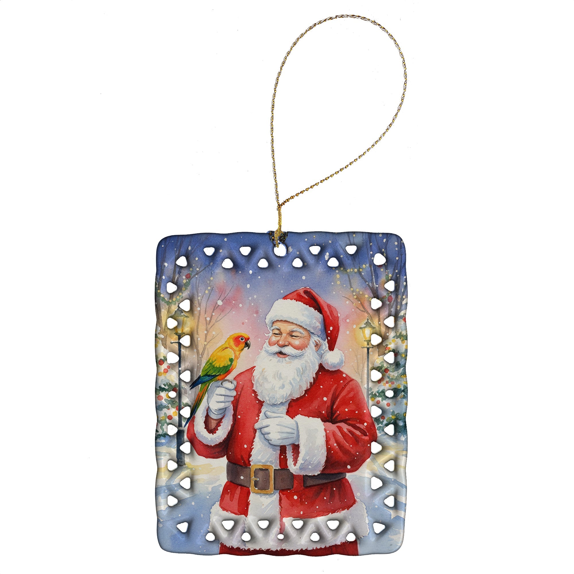 Jenday Conure with Santa Claus Porcelain Ornament Christmas Tree Hanging Decorations for Home Christmas Holiday, Rectangle, Gift, Multicolor