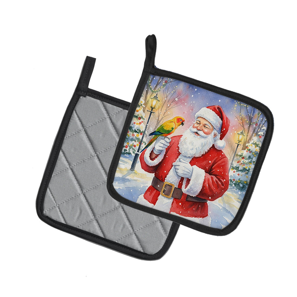 Jenday Conure with Santa Claus Pot Holder Set of 2 Heat Resistant Quilted Hot Pads 7.5 x 7.5 Inch, Insulated Kitchen Trivets for Cooking & Baking