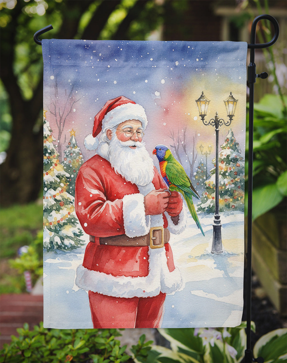 Lorikeet with Santa Claus Garden Flag Mailbox Decorative Yard Banner Outside Patio Artwork for Flower Beds, Garden Size, Multicolor