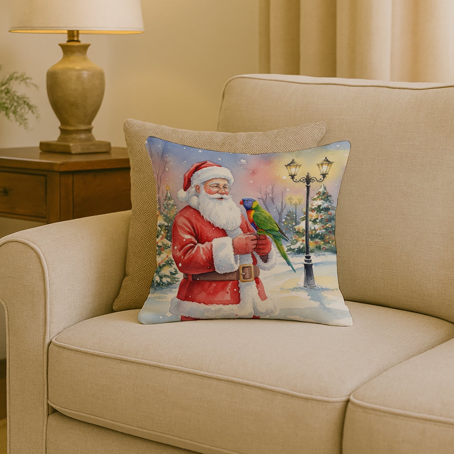 Lorikeet with Santa Claus Decorative Throw Pillow 18x18 Indoor Outdoor Accent Cushion, Fabric Cover with Insert for Sofa, Bed, Porch & Living Room