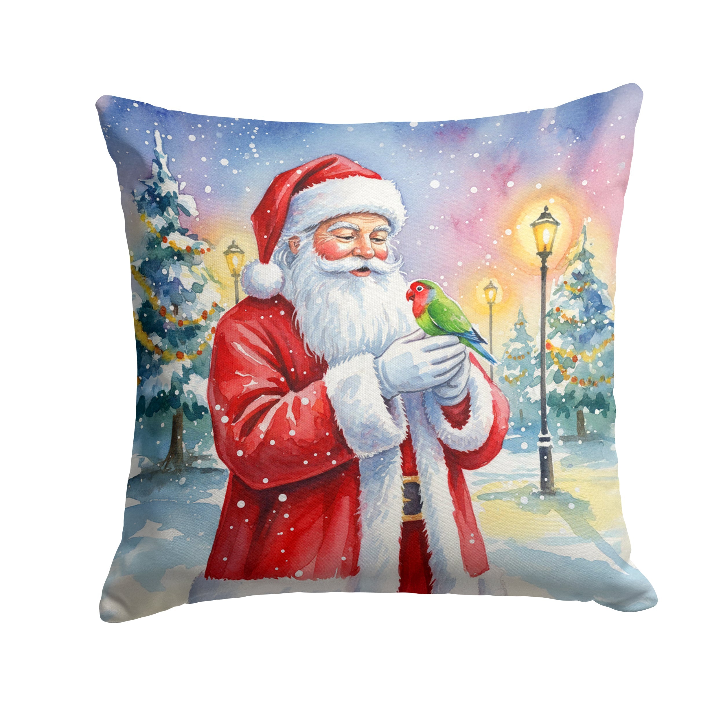 Lovebird with Santa Claus Decorative Throw Pillow 18x18 Indoor Outdoor Accent Cushion, Fabric Cover with Insert for Sofa, Bed, Porch & Living Room