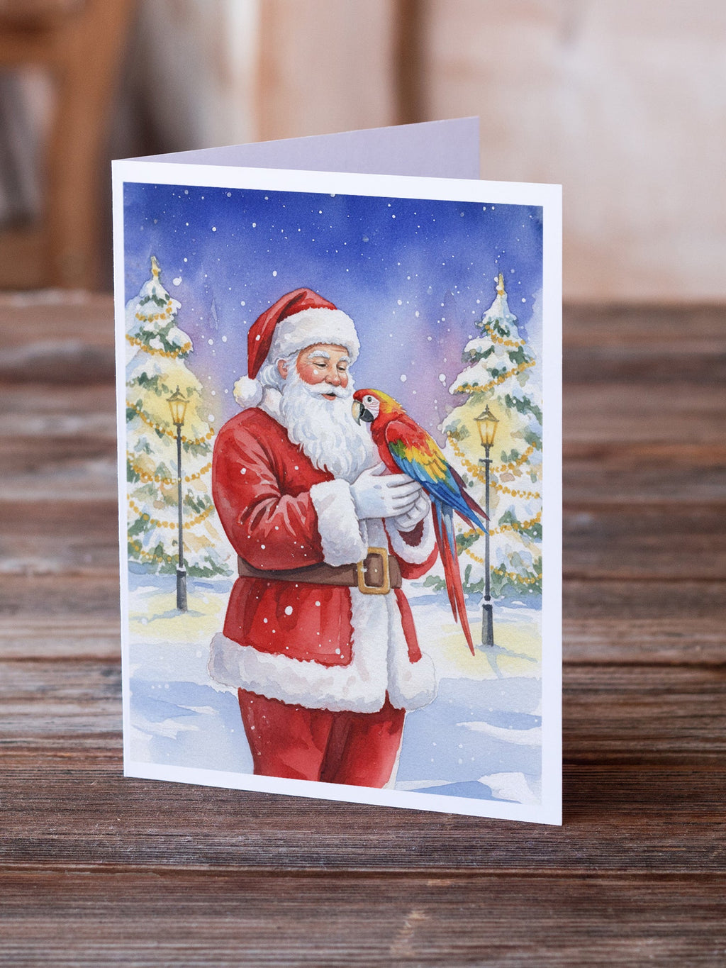 Macaw with Santa Claus Greeting Cards Pack of 8 Blank Cards with Envelopes Whimsical A7 Size 5x7
