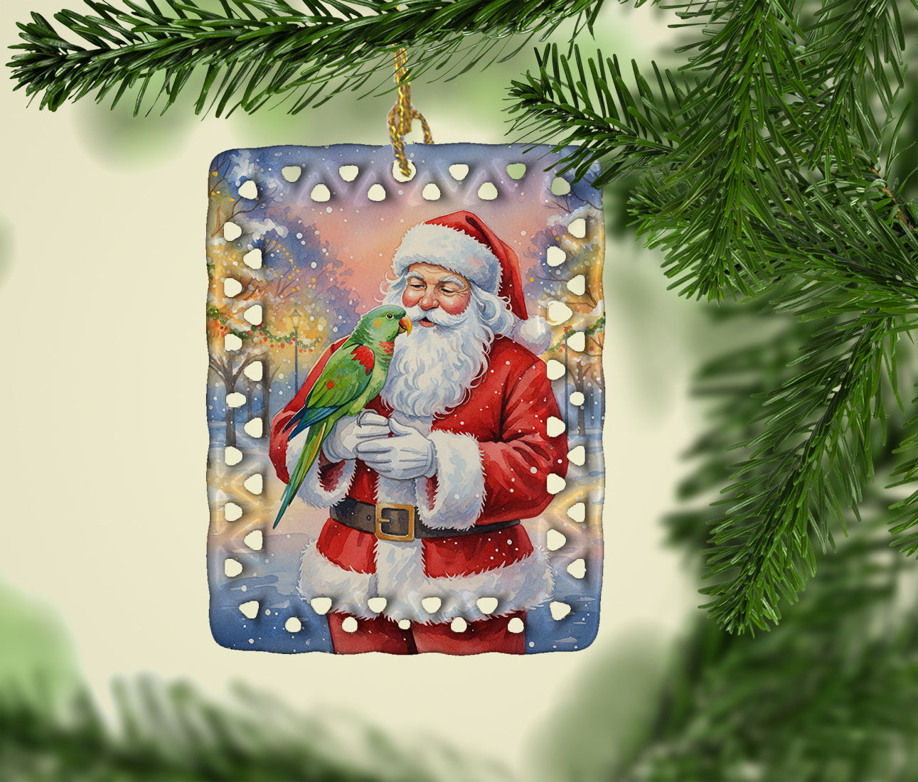 Male Eclectus with Santa Claus Porcelain Ornament Christmas Tree Hanging Decorations for Home Christmas Holiday, Rectangle, Gift, Multicolor