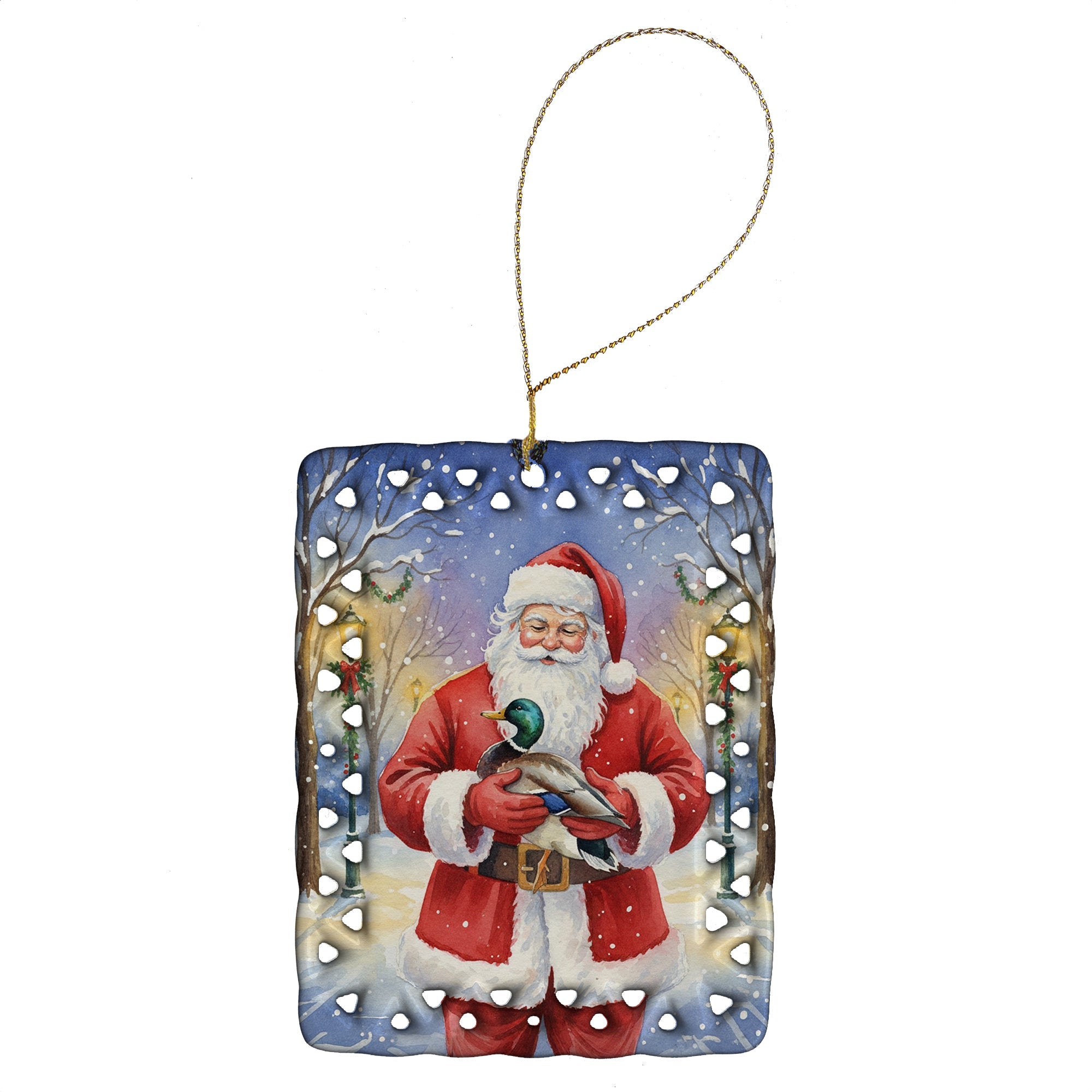 Mallard with Santa Claus Porcelain Ornament Christmas Tree Hanging Decorations for Home Christmas Holiday, Rectangle, Gift, Multicolor