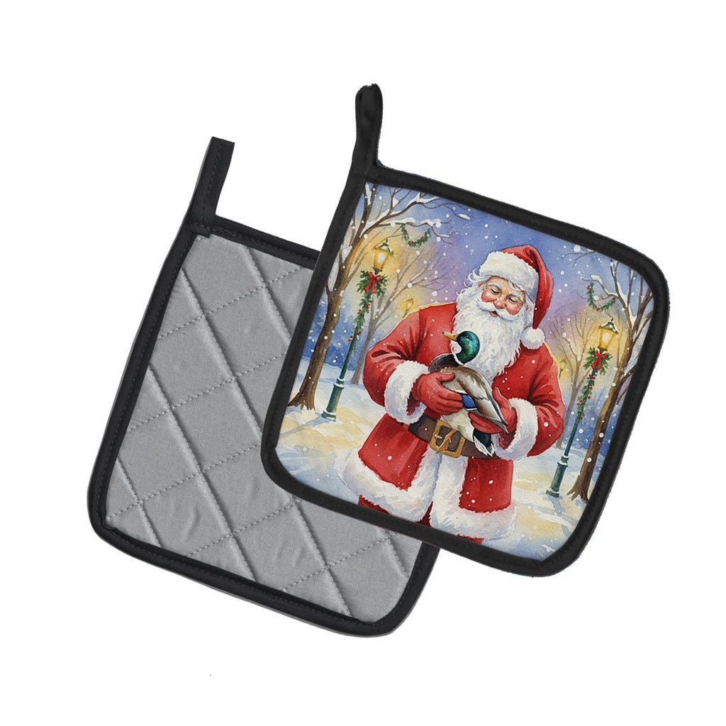 Mallard with Santa Claus Pot Holder Set of 2 Heat Resistant Quilted Hot Pads 7.5 x 7.5 Inch, Insulated Kitchen Trivets for Cooking & Baking