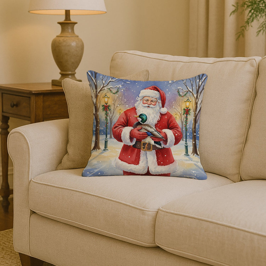 Mallard with Santa Claus Decorative Throw Pillow 14x14 Indoor Outdoor Accent Cushion, Fabric Cover with Insert for Sofa, Bed, Porch & Living Room