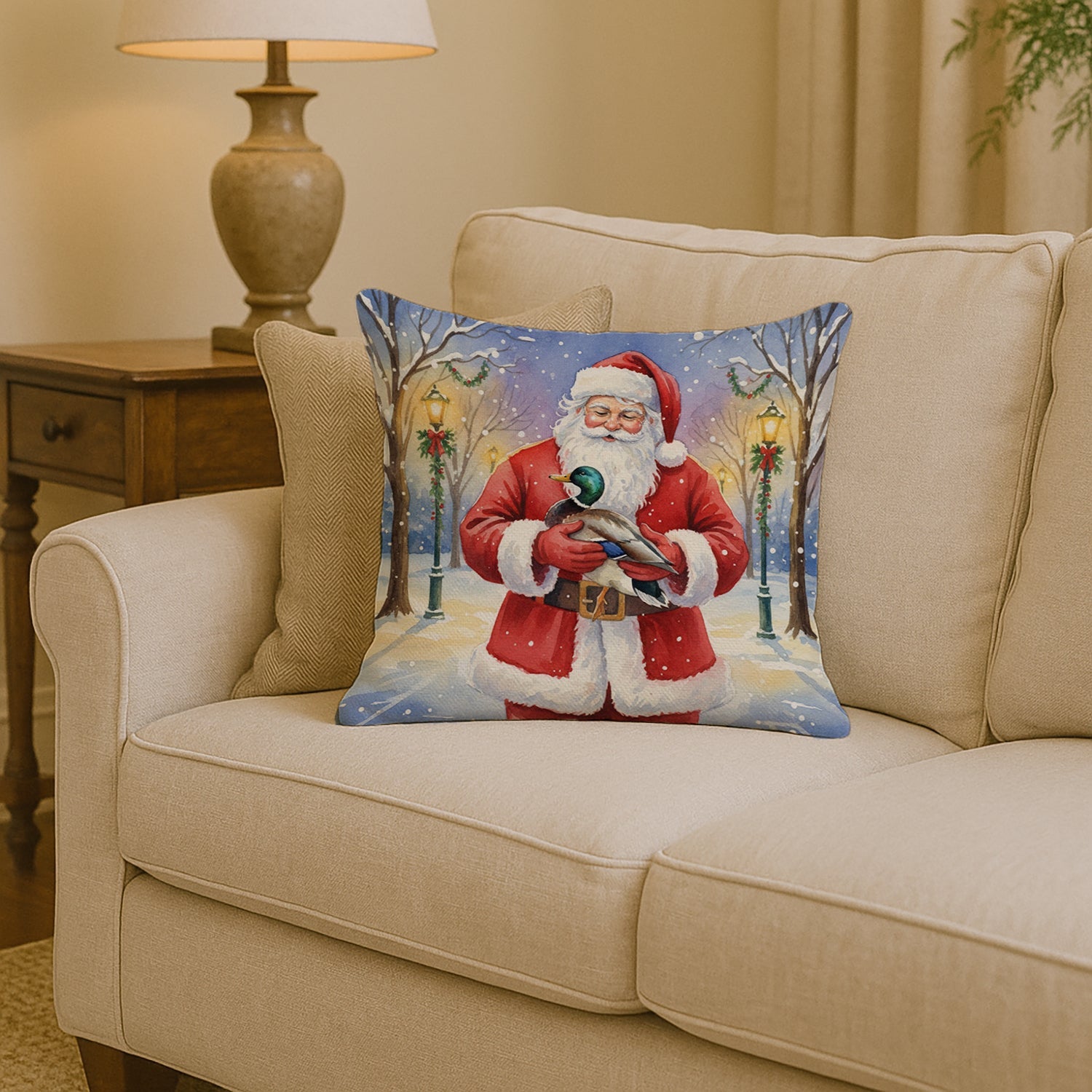 Mallard with Santa Claus Decorative Throw Pillow 14x14 Indoor Outdoor Accent Cushion, Fabric Cover with Insert for Sofa, Bed, Porch & Living Room