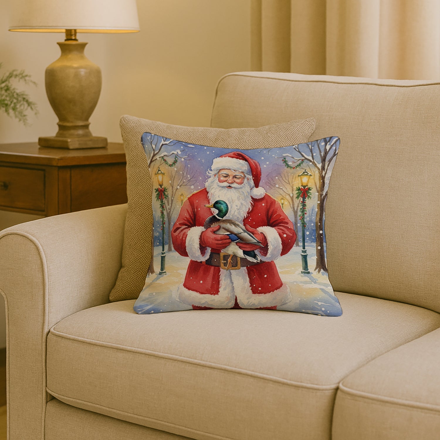 Mallard with Santa Claus Decorative Throw Pillow 18x18 Indoor Outdoor Accent Cushion, Fabric Cover with Insert for Sofa, Bed, Porch & Living Room