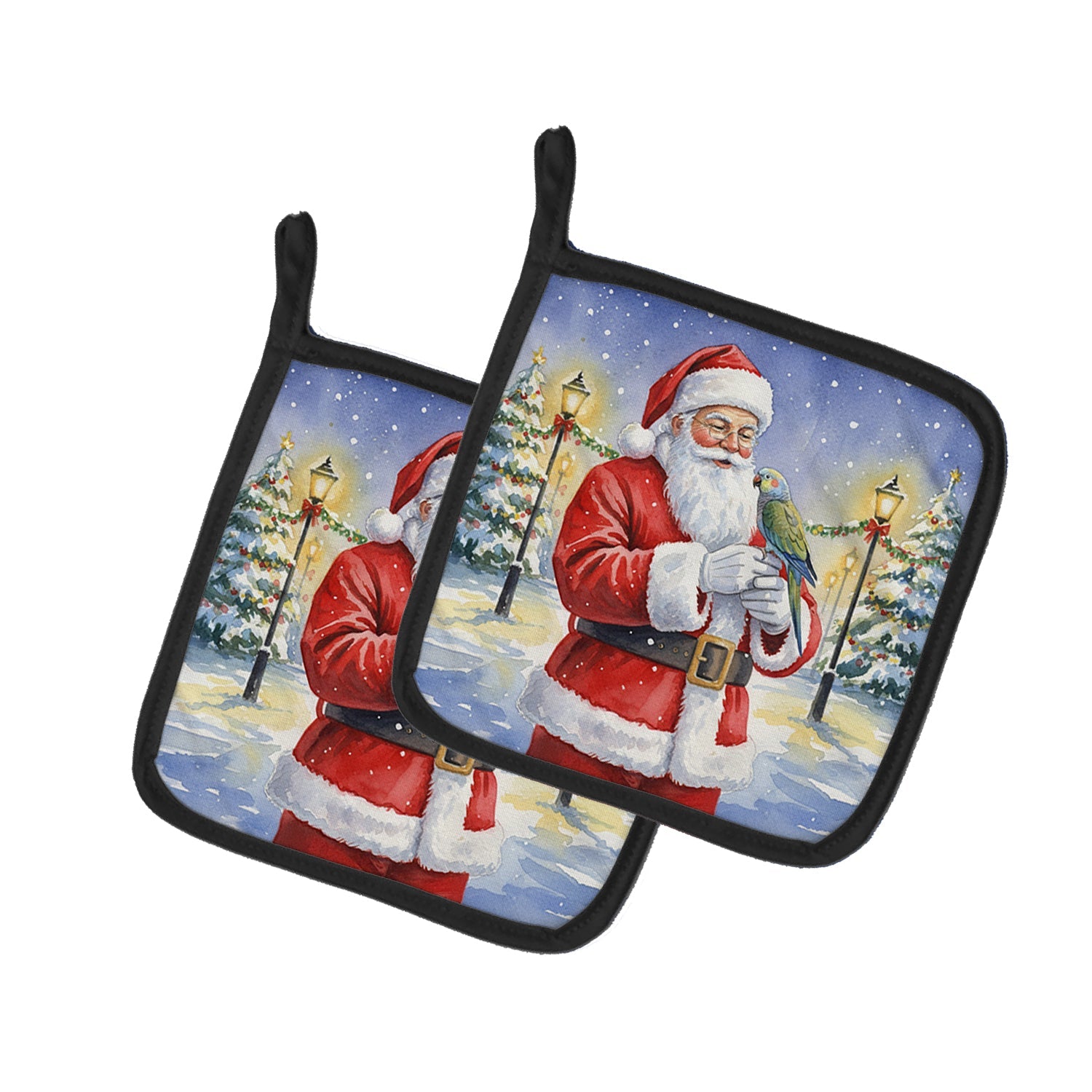 Meyer’s Parrot with Santa Claus Pot Holder Set of 2 Heat Resistant Quilted Hot Pads 7.5 x 7.5 Inch, Insulated Kitchen Trivets for Cooking & Baking