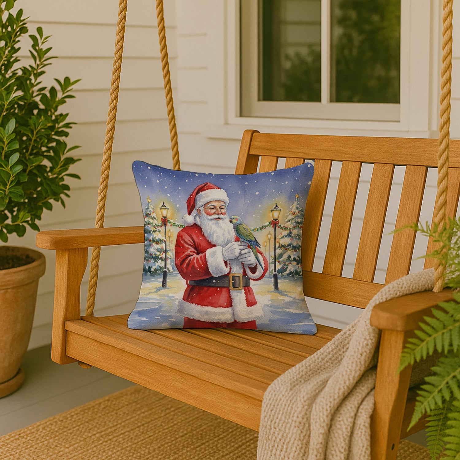 Meyer’s Parrot with Santa Claus Decorative Throw Pillow 18x18 Indoor Outdoor Accent Cushion, Fabric Cover with Insert for Sofa, Bed, Porch & Living Room