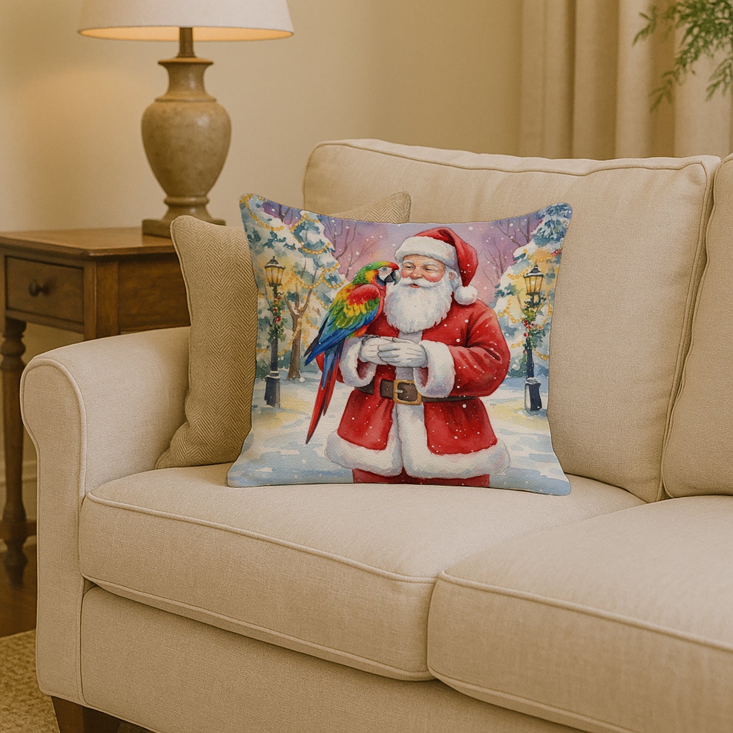 Parrot with Santa Claus Decorative Throw Pillow 14x14 Indoor Outdoor Accent Cushion, Fabric Cover with Insert for Sofa, Bed, Porch & Living Room
