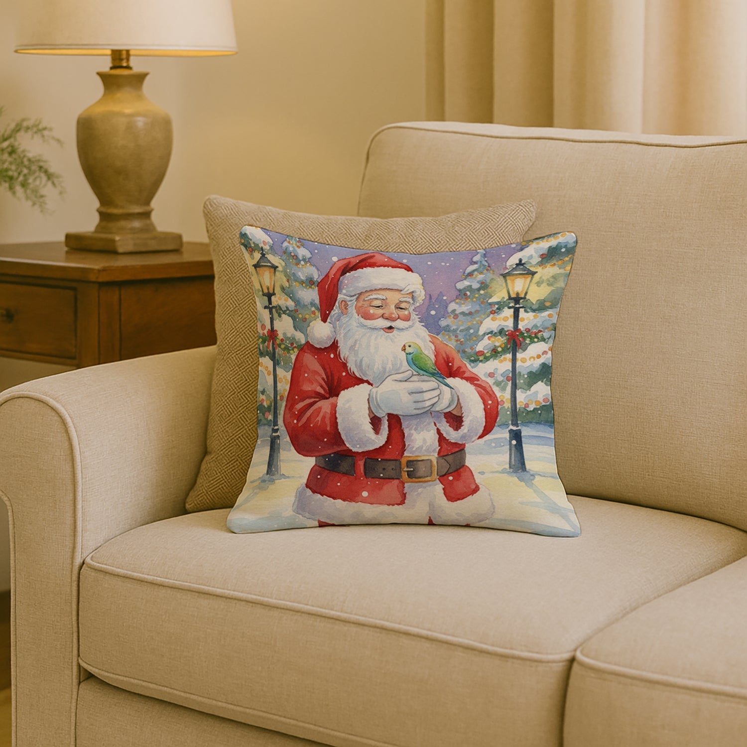 Parrotlet with Santa Claus Decorative Throw Pillow 18x18 Indoor Outdoor Accent Cushion, Fabric Cover with Insert for Sofa, Bed, Porch & Living Room