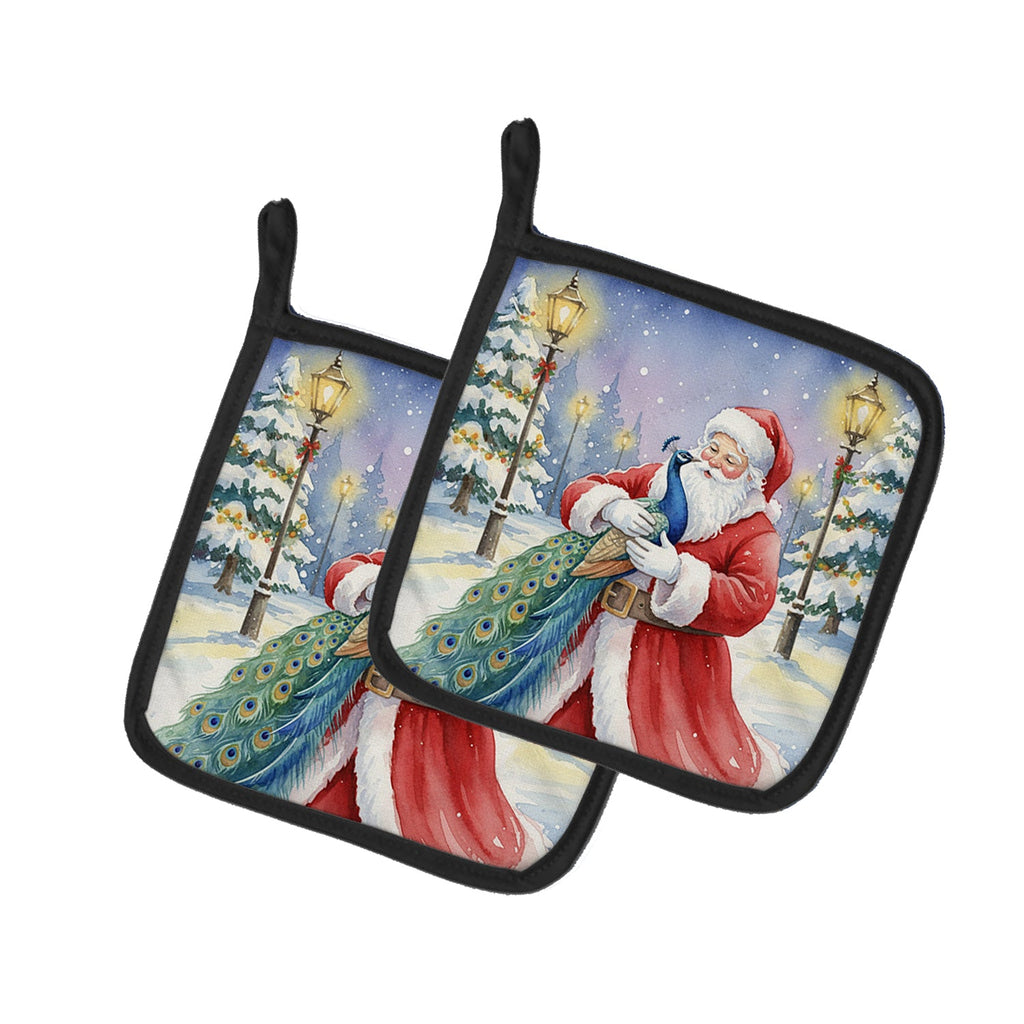 Peacock with Santa Claus Pot Holder Set of 2 Heat Resistant Quilted Hot Pads 7.5 x 7.5 Inch, Insulated Kitchen Trivets for Cooking & Baking