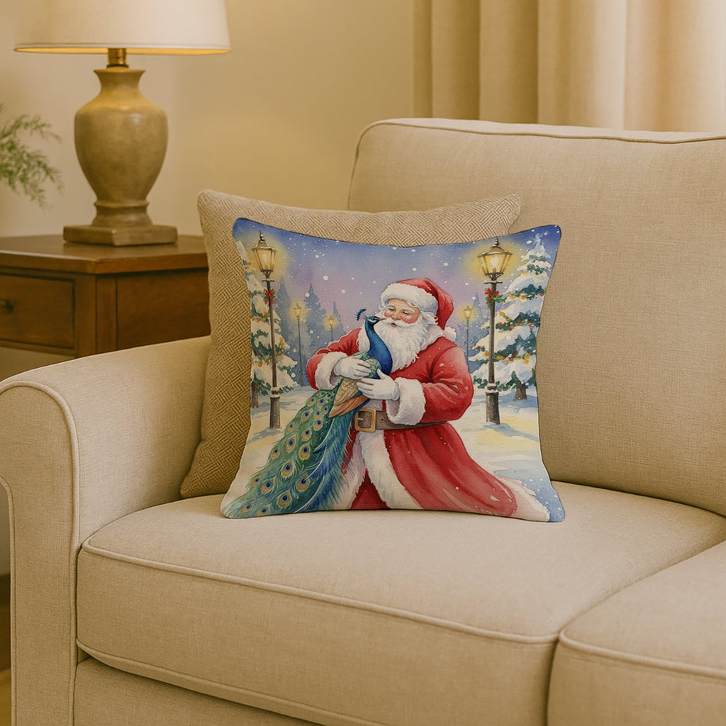 Peacock with Santa Claus Decorative Throw Pillow 18x18 Indoor Outdoor Accent Cushion, Fabric Cover with Insert for Sofa, Bed, Porch & Living Room