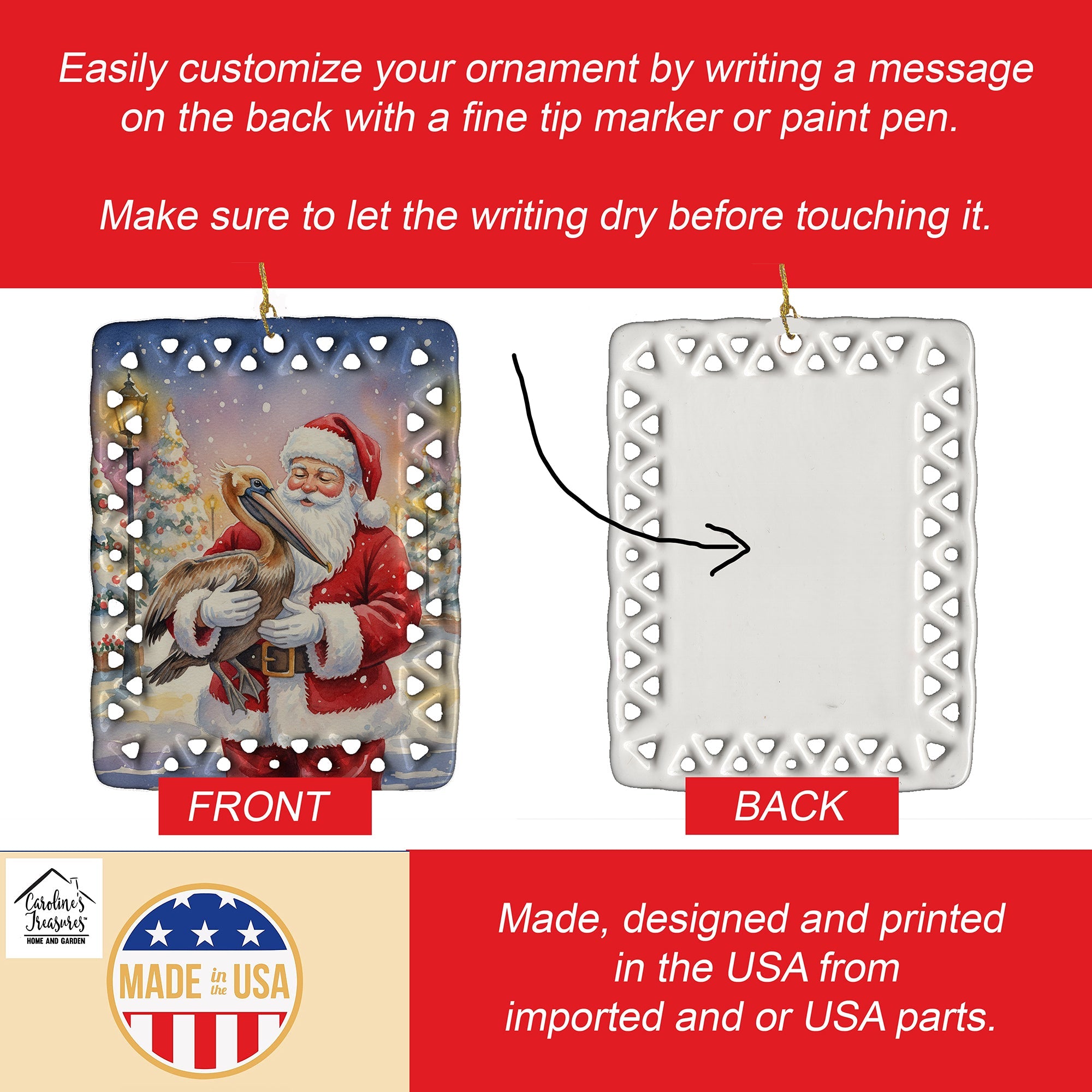 Pelican with Santa Claus Porcelain Ornament Christmas Tree Hanging Decorations for Home Christmas Holiday, Rectangle, Gift, Multicolor
