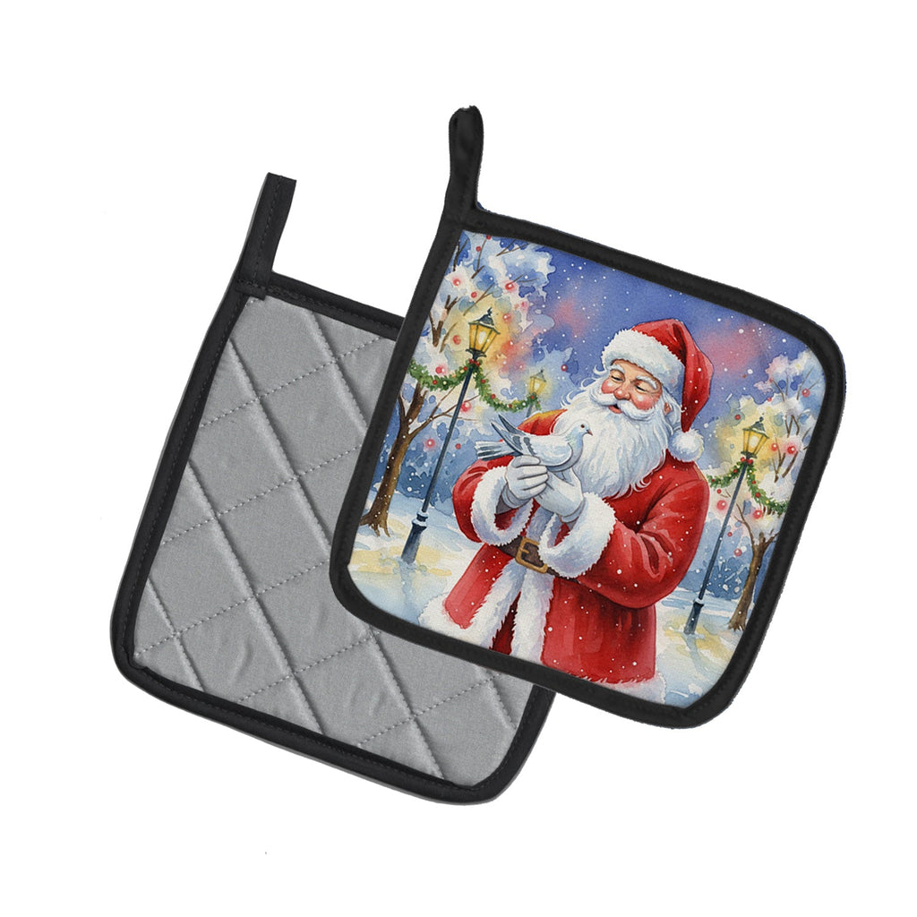 Pigeon with Santa Claus Pot Holder Set of 2 Heat Resistant Quilted Hot Pads 7.5 x 7.5 Inch, Insulated Kitchen Trivets for Cooking & Baking