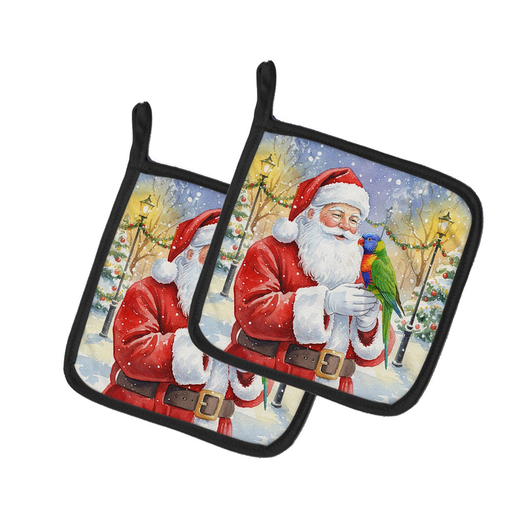 Rainbow Lorikeet with Santa Claus Pot Holder Set of 2 Heat Resistant Quilted Hot Pads 7.5 x 7.5 Inch, Insulated Kitchen Trivets for Cooking & Baking