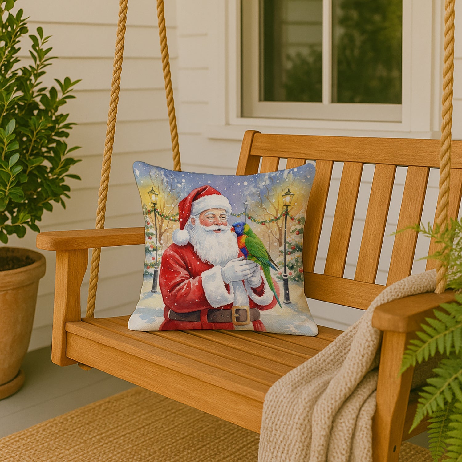 Rainbow Lorikeet with Santa Claus Decorative Throw Pillow 18x18 Indoor Outdoor Accent Cushion, Fabric Cover with Insert for Sofa, Bed, Porch & Living Room